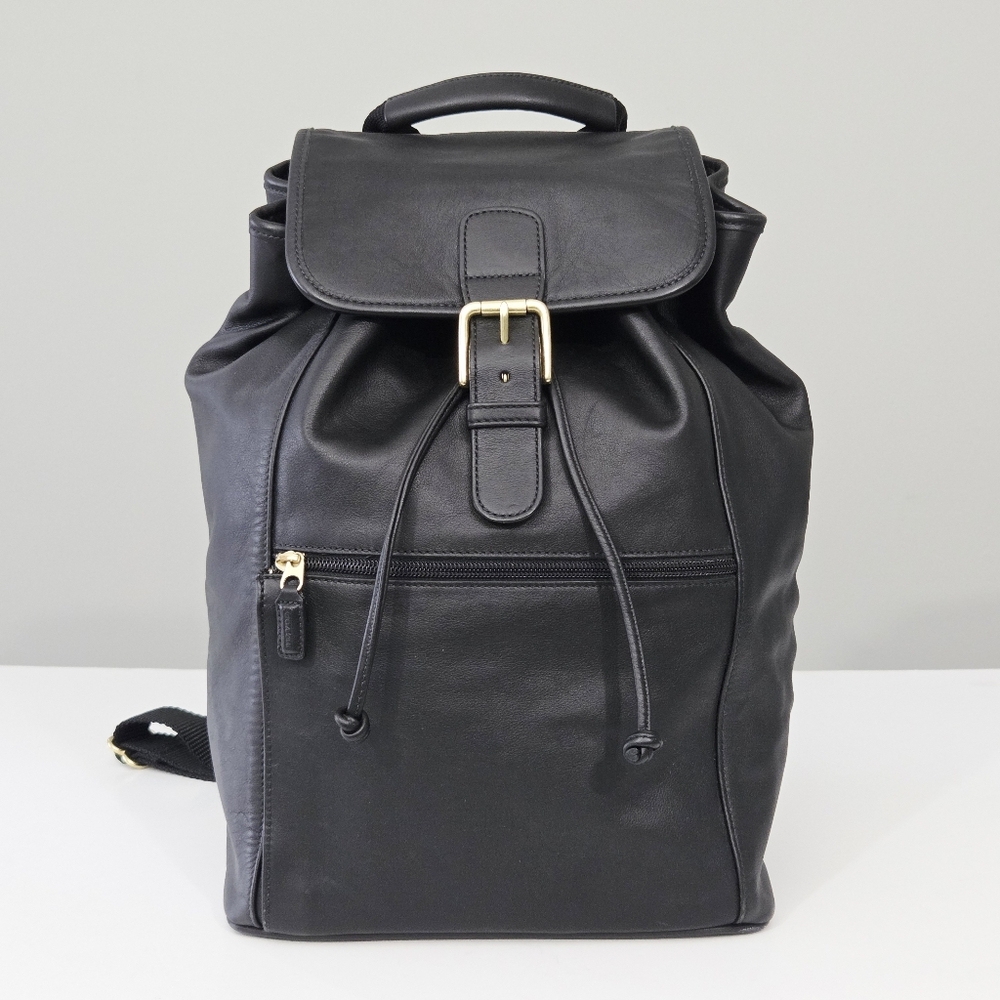 Coach Black Leather Drawstring Backpack with Gold Hardware